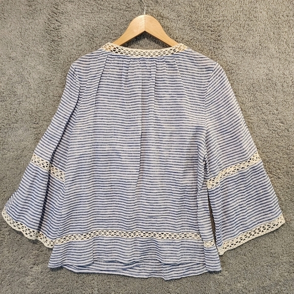 Chico's Blue White Striped Bell Sleeve Linen Blouse Top Crochet Boho Sz 1 Small - Picture 4 of 10